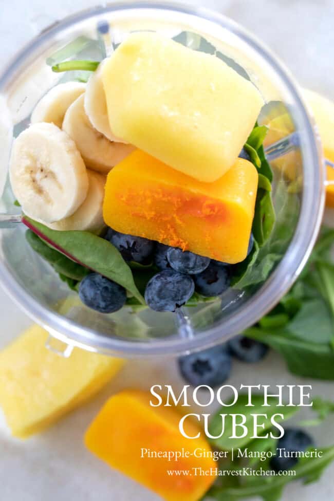 A blender container filled with smoothie cubes, spinach, blueberries and bananas.