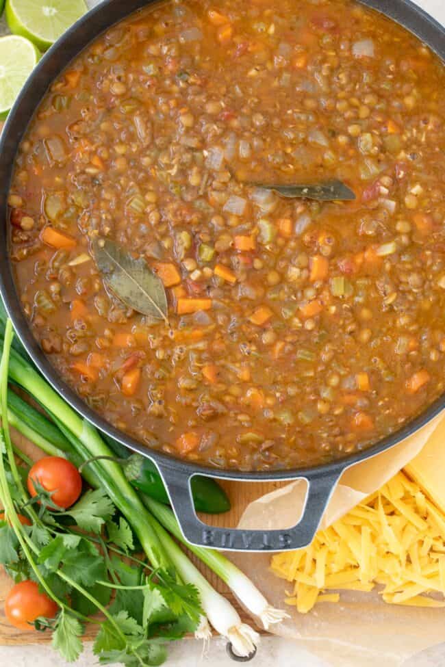 A large pot of sopa de lentejas.