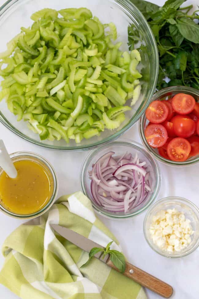 bowls of chopped vegetables