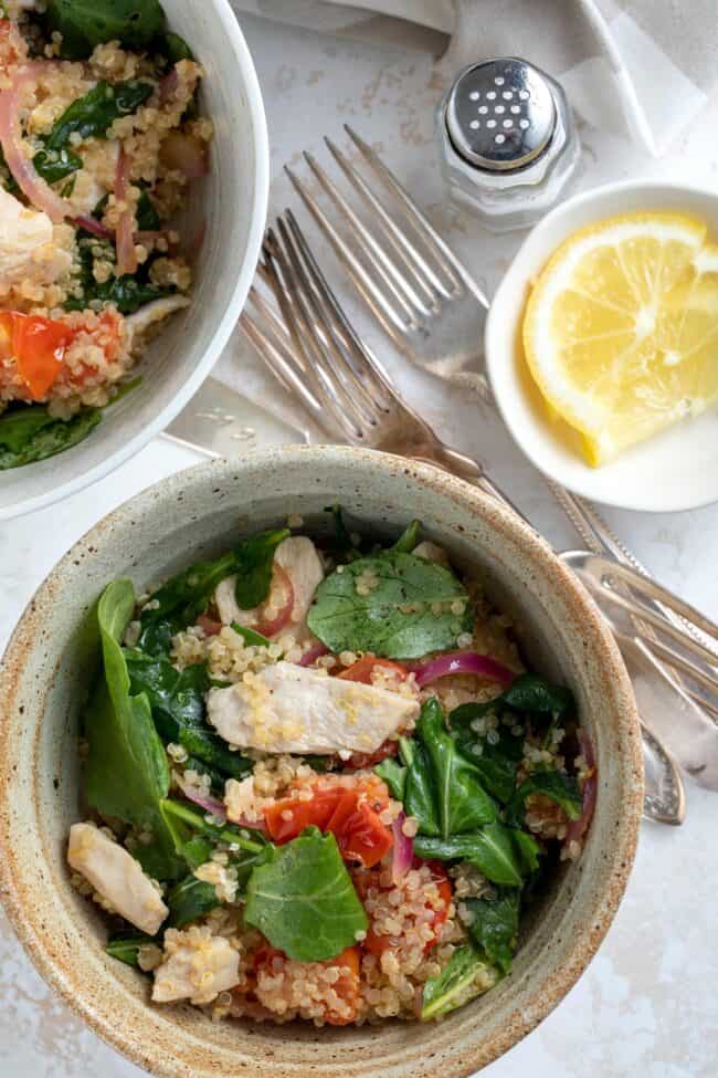 Easy quinoa chicken bowl in lemon garlic butter sauce