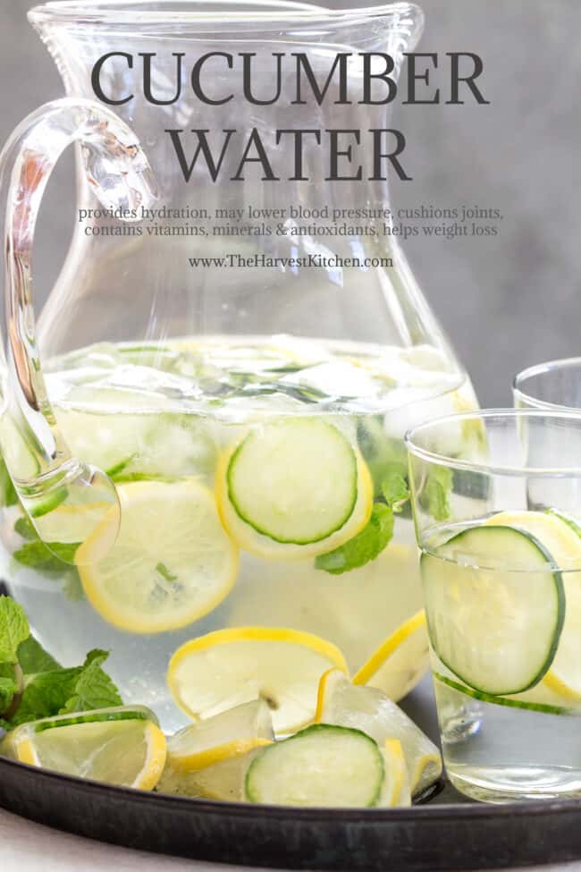 A clear glass pitcher of water with cucumber and lemon slices.