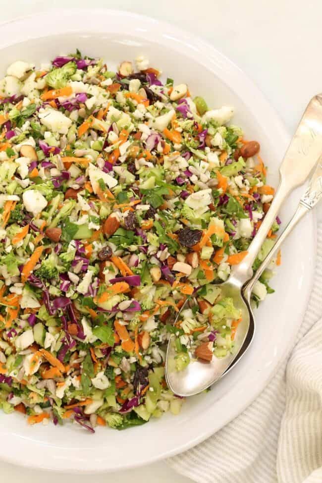 A large white bowl filled with chopped vegetables for a detox salad recipe.
