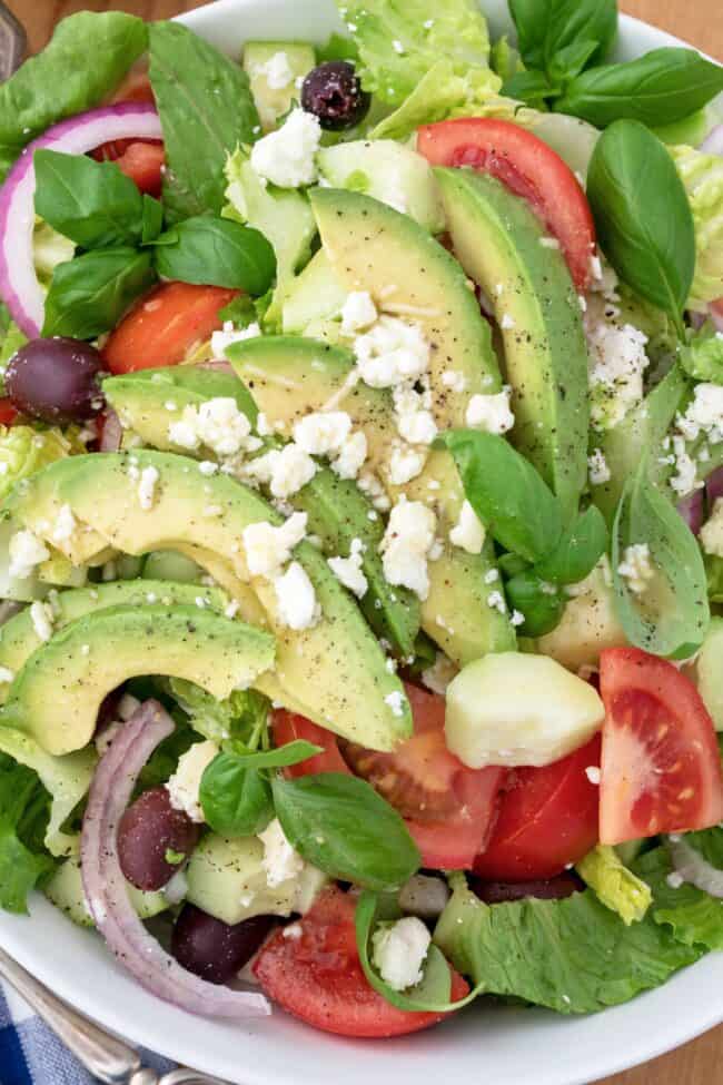 A white bowl of Romaine lettuce salad with avocado, tomatoes and onion.