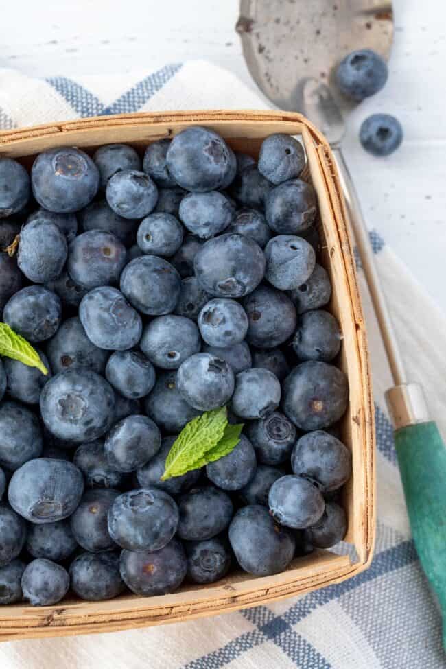 A berry box filled with blueberries. A metal spoon with a green handle sits next to the basket.