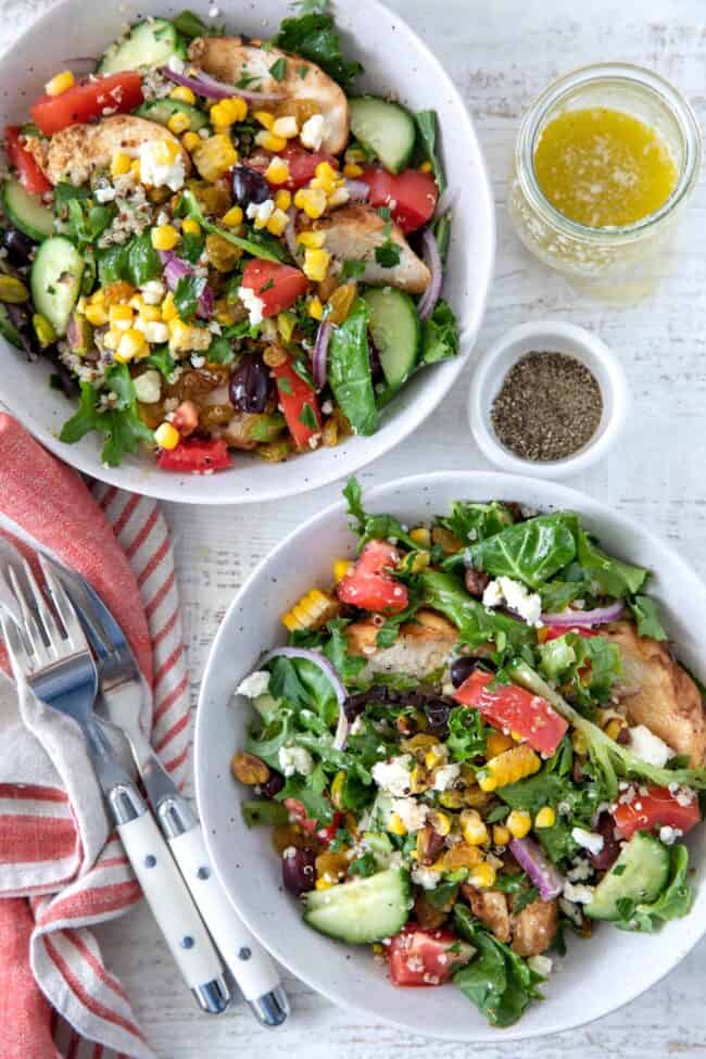 bowls of Mediterranean chicken salad