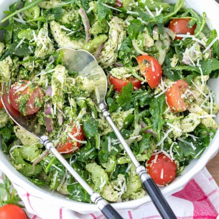 bowl of basil pesto chicken salad