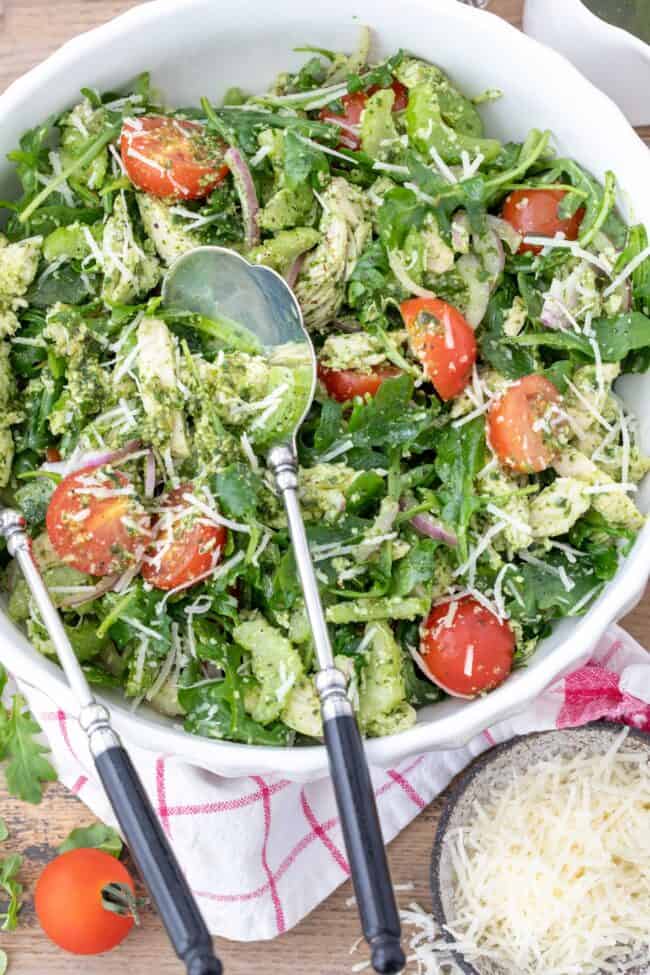 bowl of basil pesto chicken salad