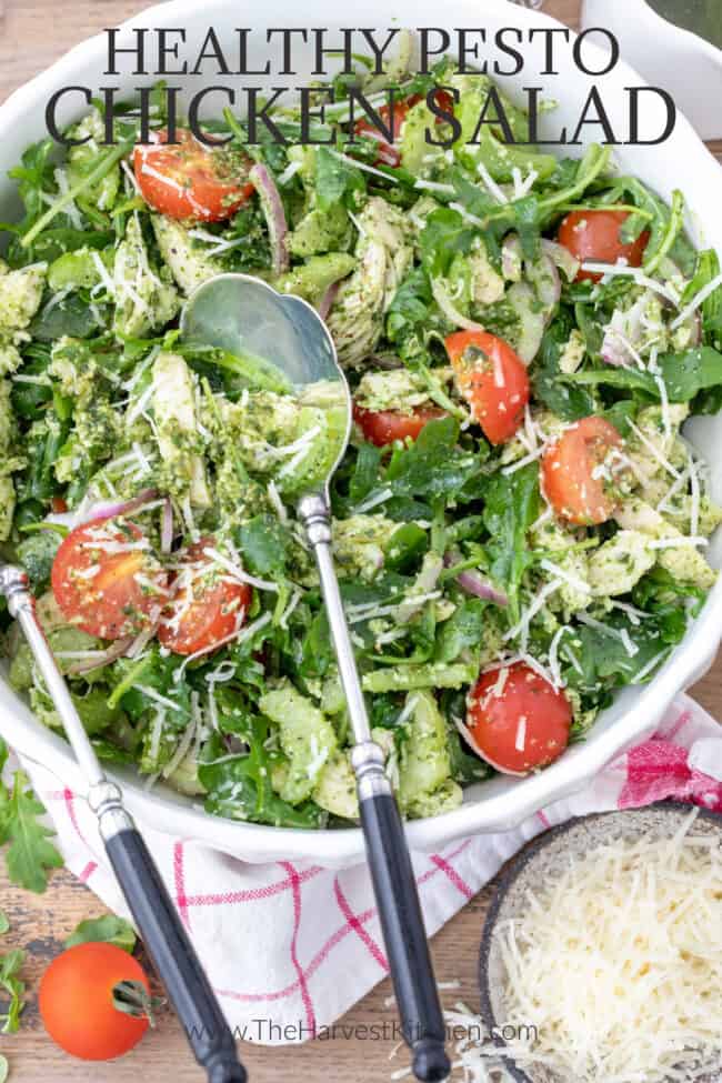 bowl of basil pesto chicken and arugula