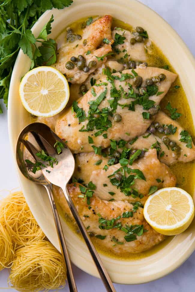 platter of lemon chicken piccata