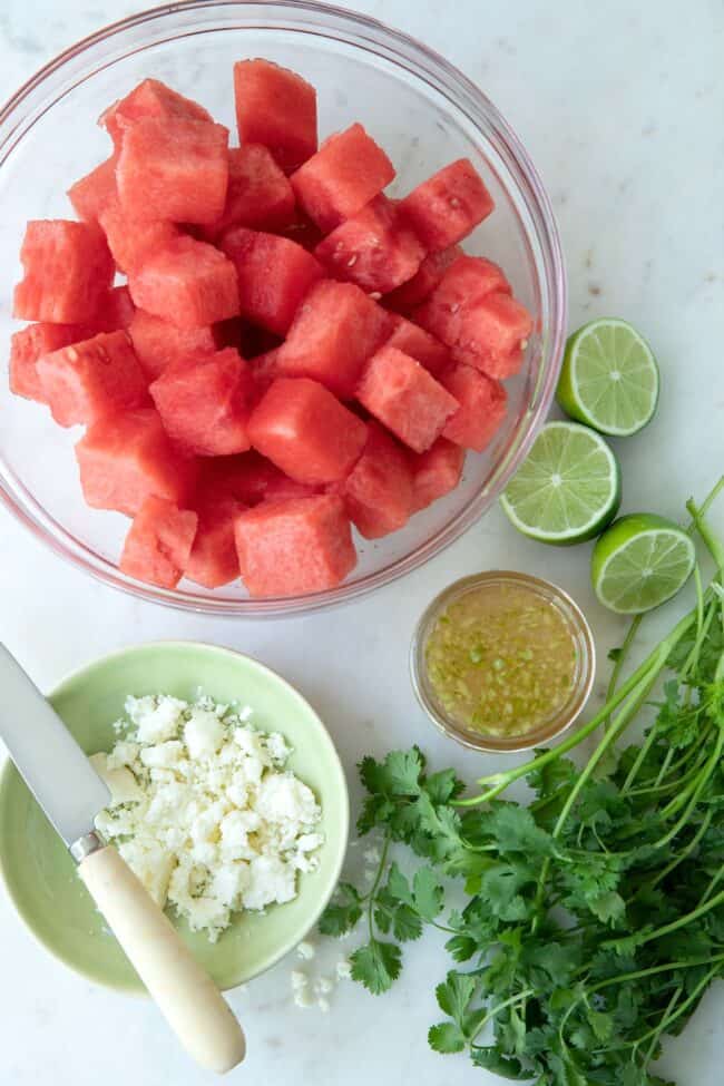 clear glass bowl filled with cubed watermelon 