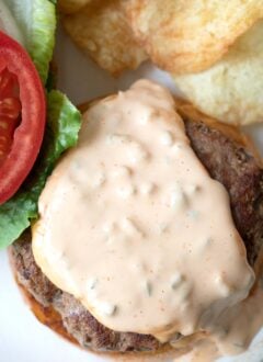 cooked hamburger with burger sauce