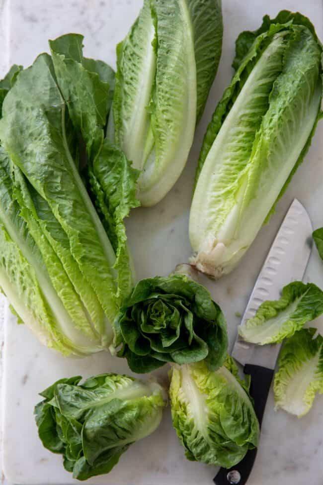6 heads of Romaine lettuce with a knife sitting next to them