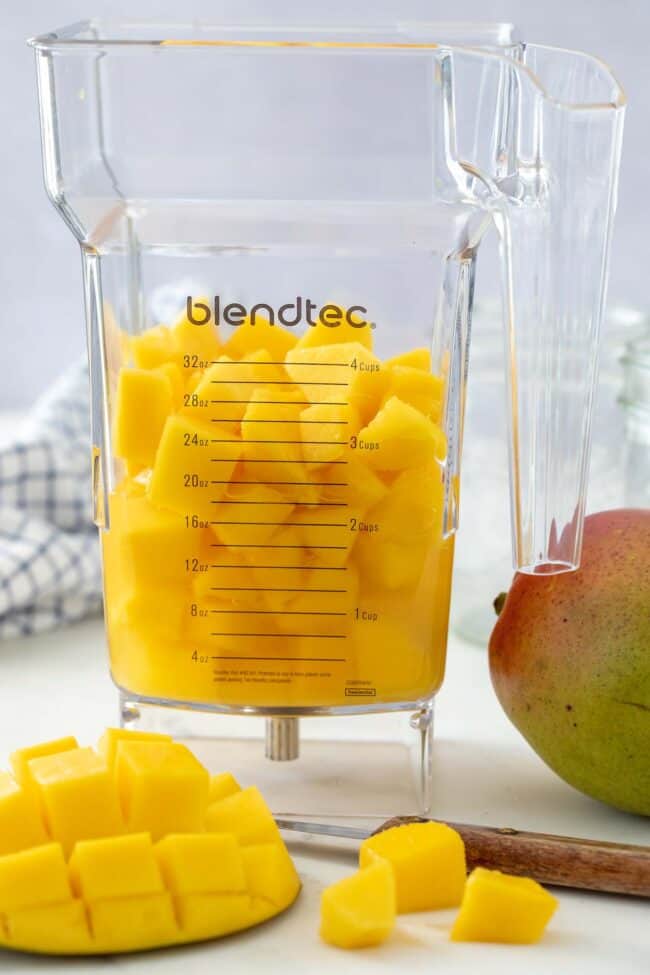 A clear plastic blender container filled with cut fruit. A knife with a brown wood handle sits next to the container. 