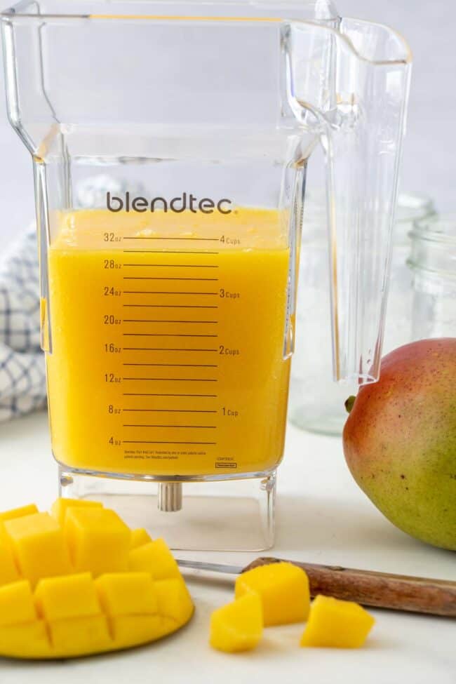 A clear plastic blender container is filled with an orange liquid. Fresh fruit and a small knife with a wood handle sits next to the container.