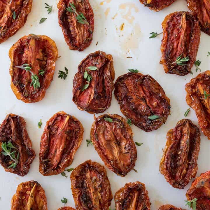 baking sheet filled with sun dried tomato halves