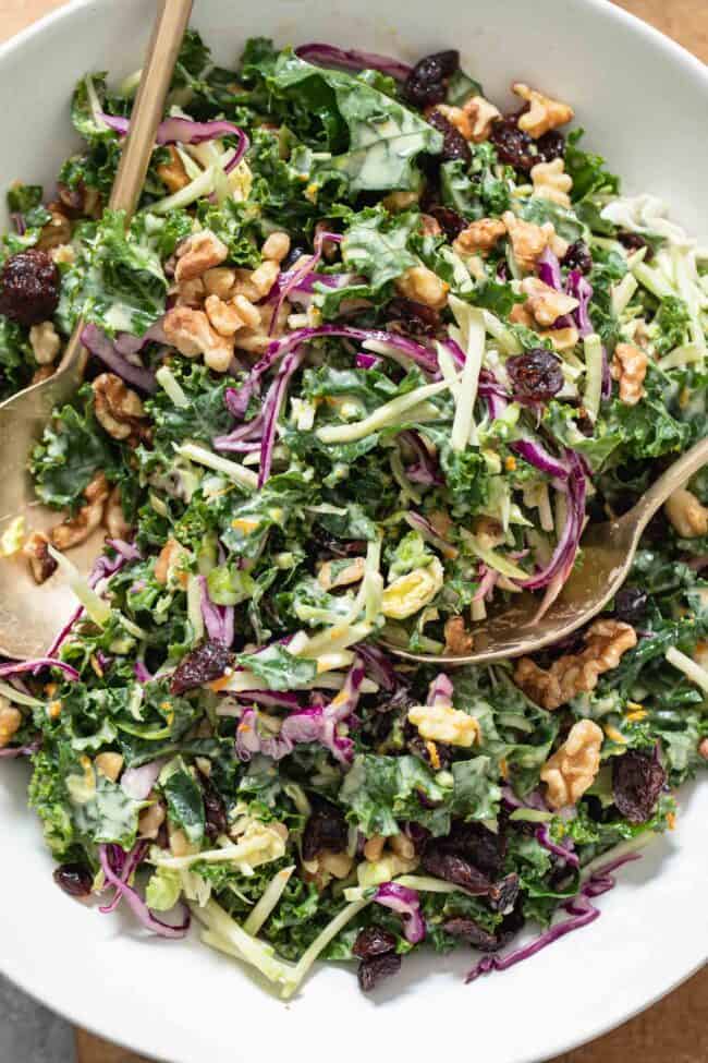 A white bowl filled with chopped kales salad with cranberries. Gold serving spoons rest in the bowl.