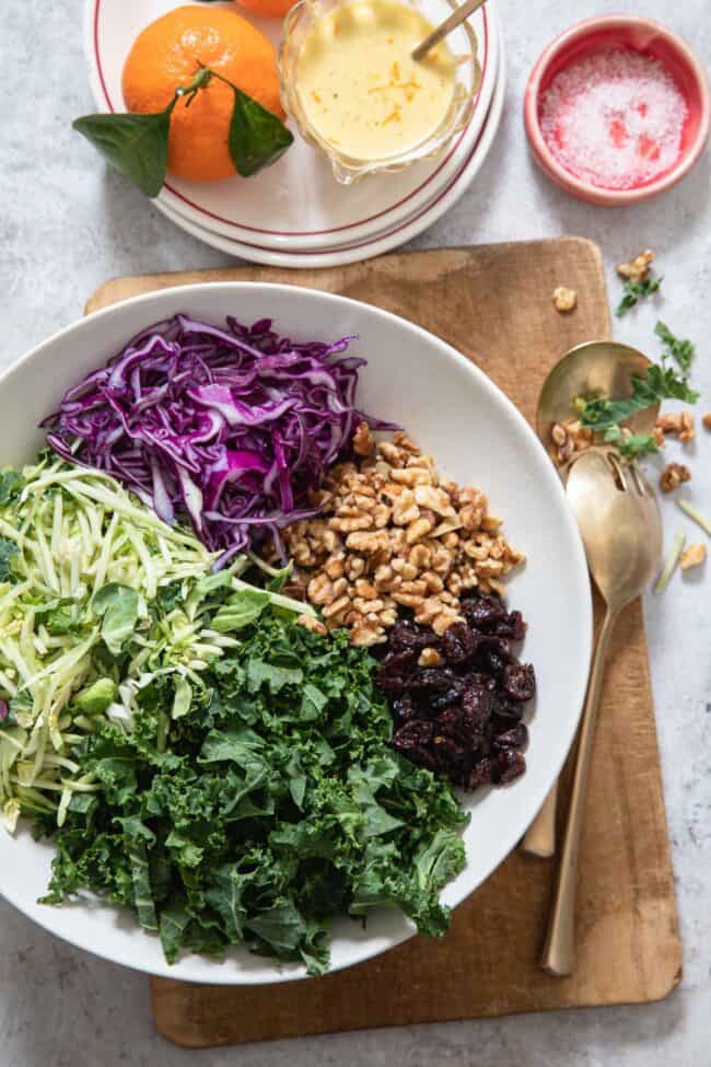 White bowl filled with chopped kale salad with cranberries and walnuts. Gold serving spoons sit next to the bowl.