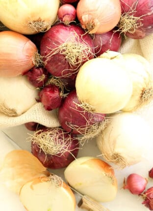 Several different types of onions scattered on a counter.