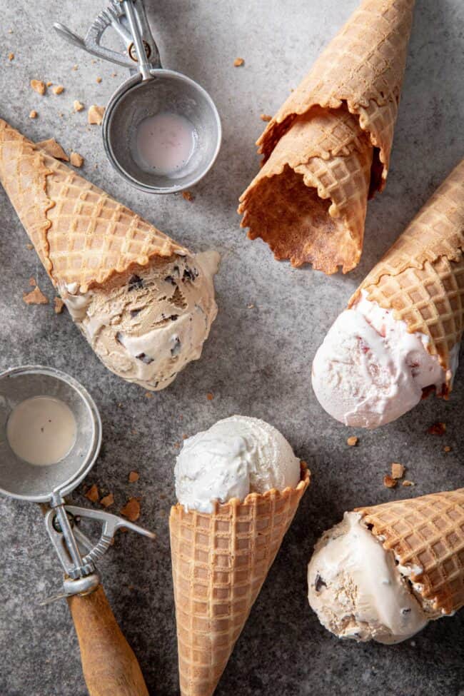 waffle ice cream cones filled with scoops of ice cream to learn how many pints in a quart