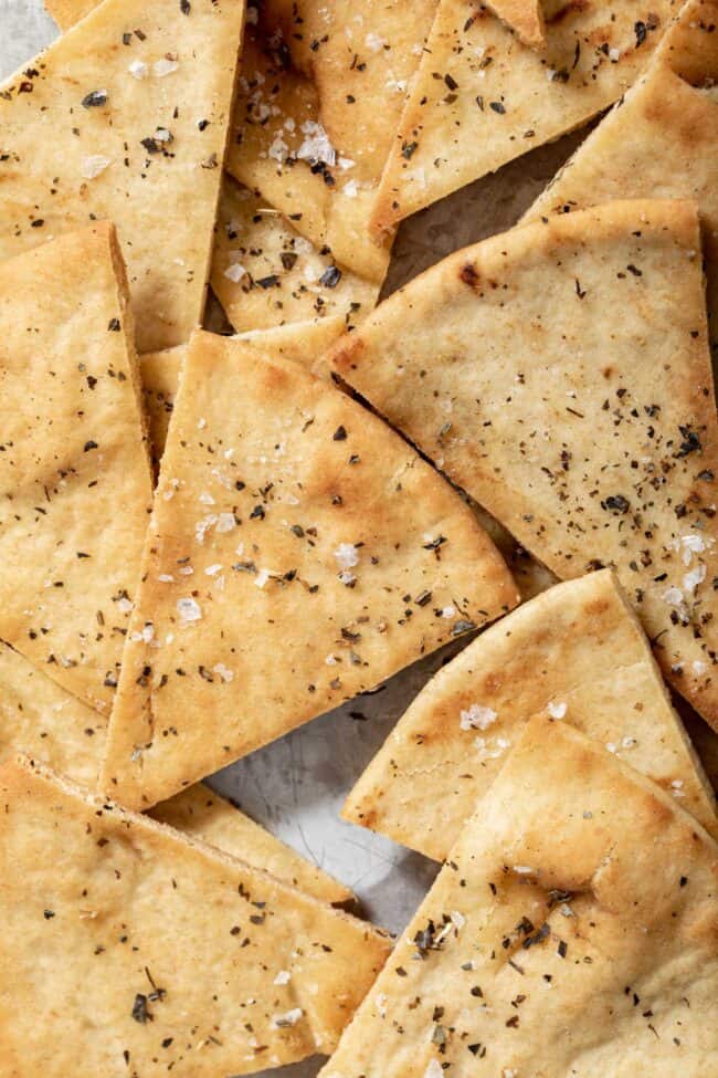 baked pita chips on a baking sheet