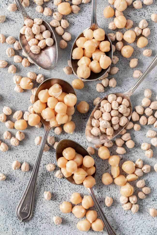 Five spoons scattered on a table. The spoons are filled with both dried chickpeas and cooked chickpeas for chickpeas vs garbanzo beans