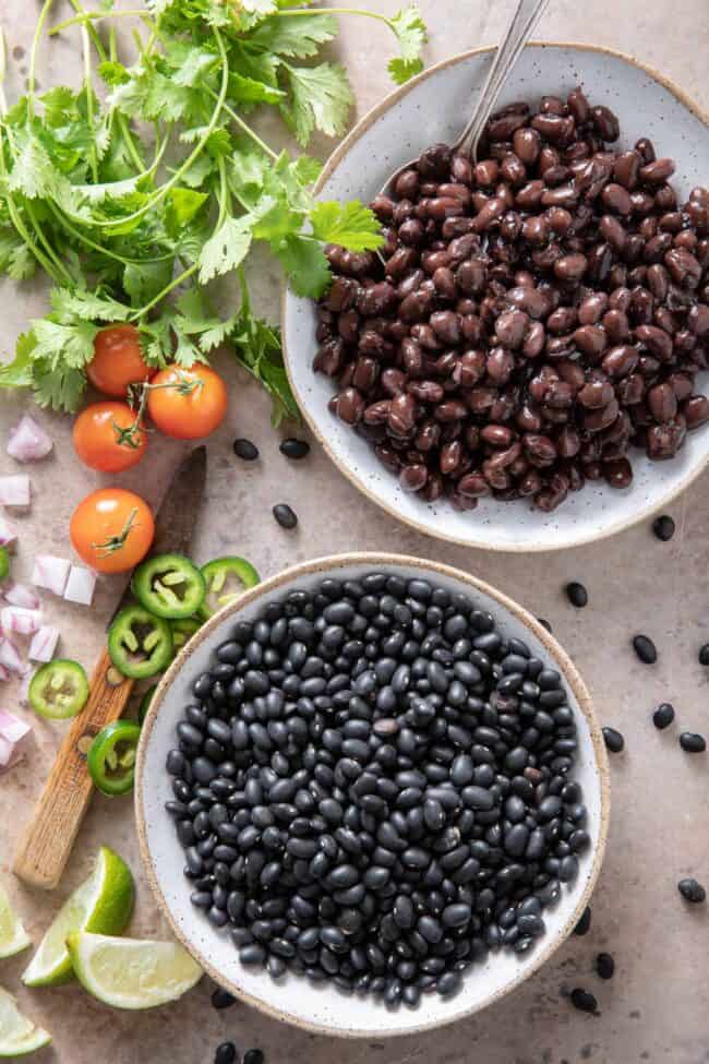 Two bowls filled with black beans - one with cooked black beans and the other with dried black beans.