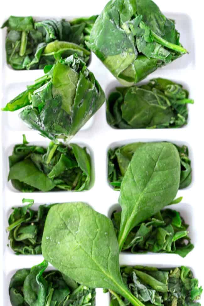 A white ice cube tray filled with frozen spinach leaves. 