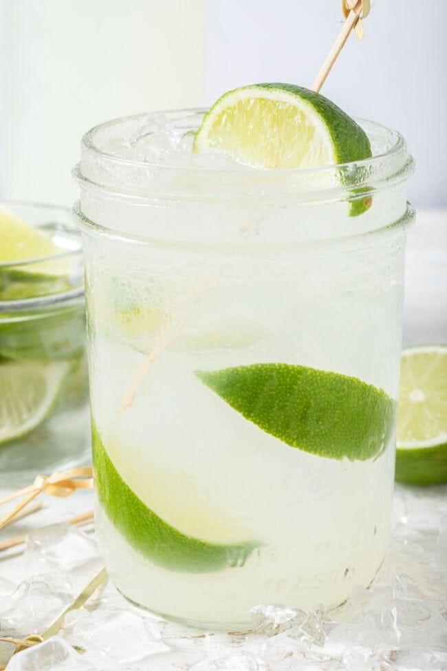 A clear drinking glass filled with clear liquid and slices of citrus.
