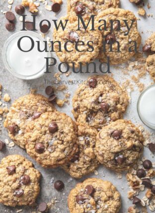 Oatmeal chocolate chip cookies scattered on a table with two glasses of milk