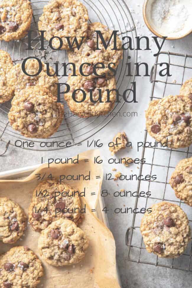 Cookies on two wire cooling racks next to a cookie sheet filled with cookies with how many ounces in a pound (oz to lbs) conversions wording over the photo.