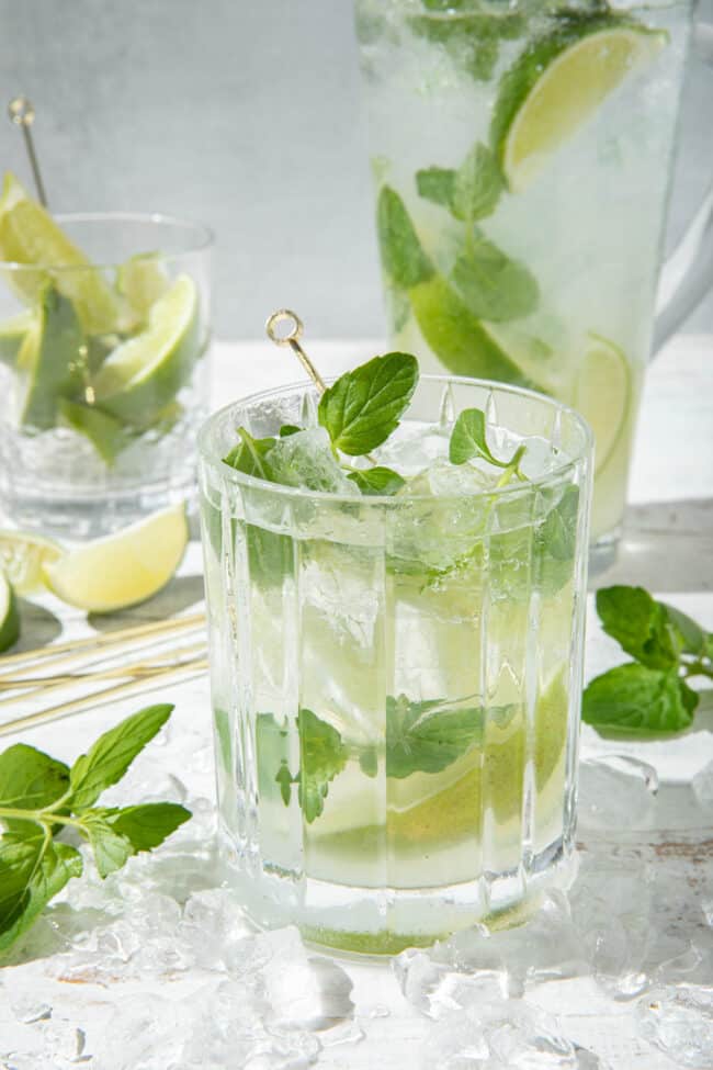 A clear cocktail glass filled with sparkling water, mint leaves and lime wedges for a virgin mojito mocktail.