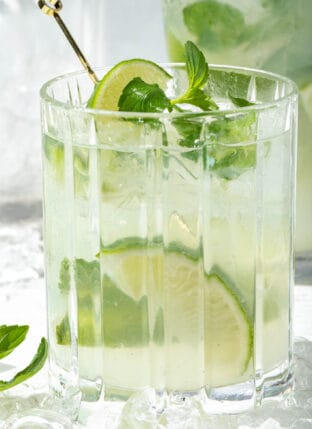 A clear cocktail glass filled with sparkling water, mint leaves and lime wedges for a virgin mojito mocktail.