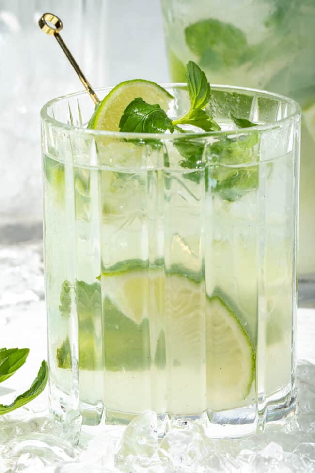 A clear cocktail glass filled with sparkling water, mint leaves and lime wedges.