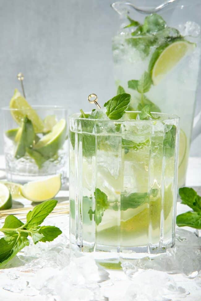 A clear cocktail glass filled with sparkling water, mint leaves and lime wedges for a virgin mojito mocktail.