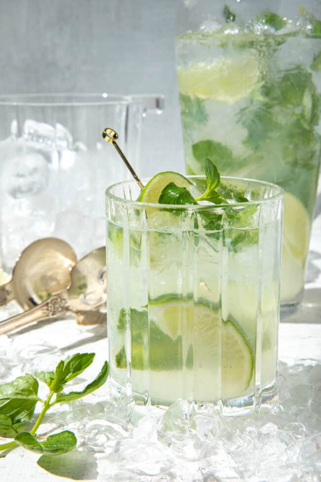 A clear cocktail glass filled with sparkling water, mint leaves and lime wedges.