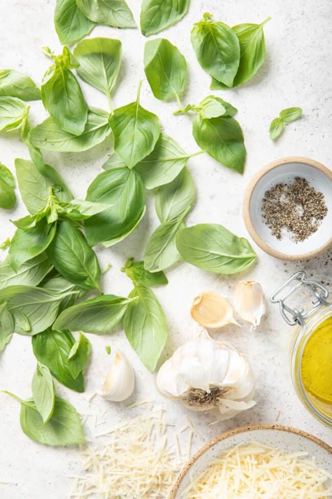 Fresh herbs with garlic, parmesan cheese and olive oil sit on a white board.