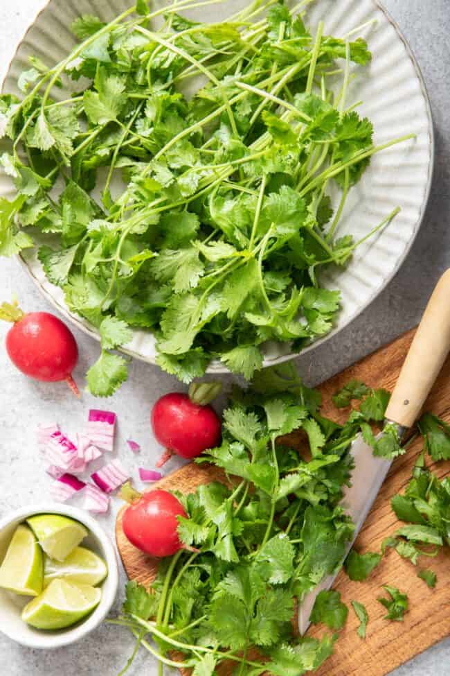 A bunch of cilantro sprigs sit on a gray plate. A small wood cutting board sits next to the plate with a knife and chopped cilantro on it for Cilantro substitute.
