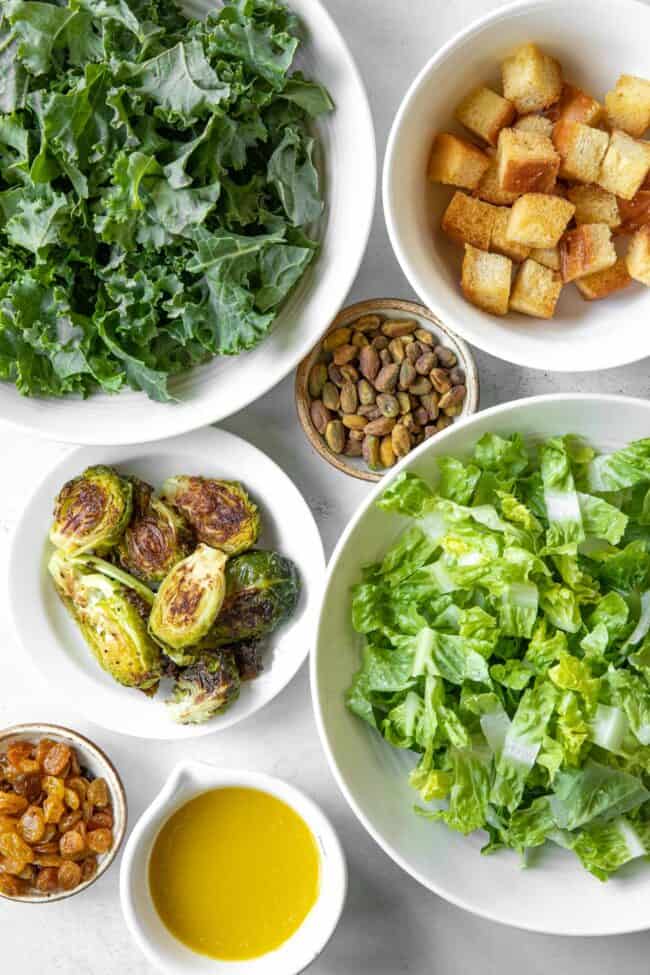 White bowls filled with chopped kale, chopped Romaine lettuce, roasted brussels sprouts, croutons, golden raisins, pistachio nuts and a vinaigrette.