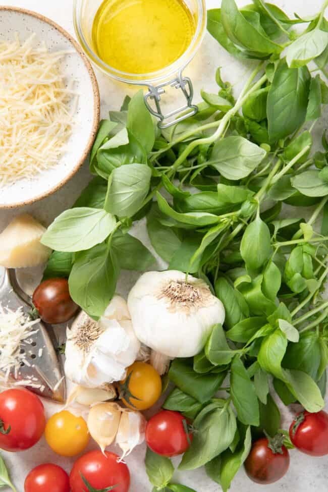A bunch of fresh basil leaves sits next to garlic cloves, a small bowl of grated Parmesan cheese and a small jar of olive oil.