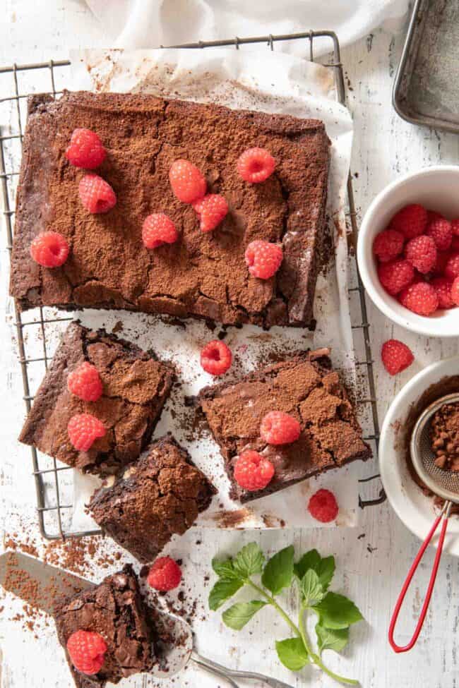 Cut brownies sit on a cooling rack with a bowl or raspberries sitting next to them. For how many grams in a pound (g to lb).