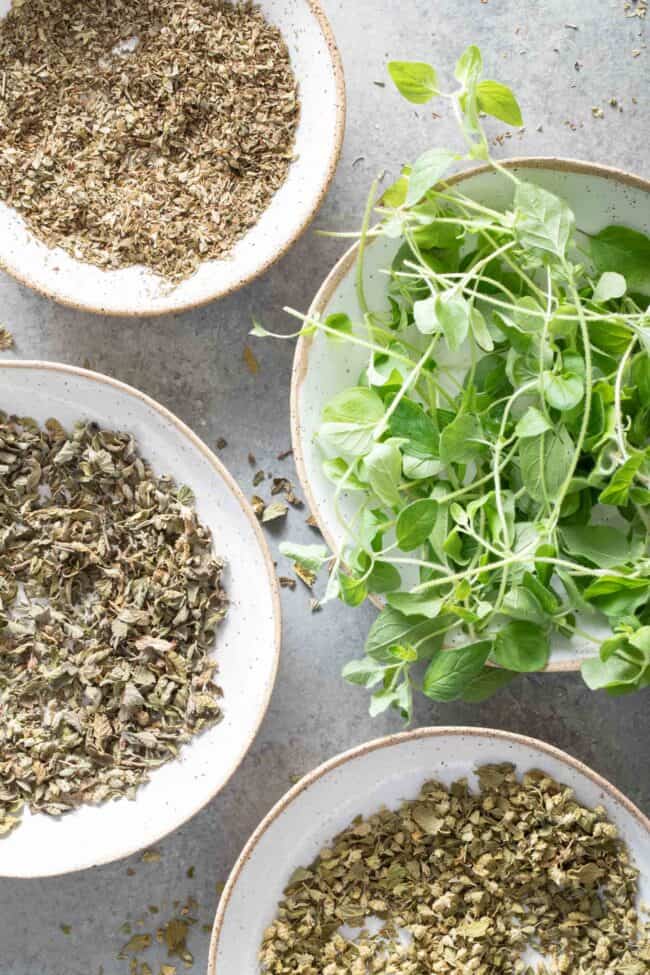 Four small dishes filled with fresh oregano, dried oregano leaves, crushed oregano and Mexican oregano (for Oregano Substitute)