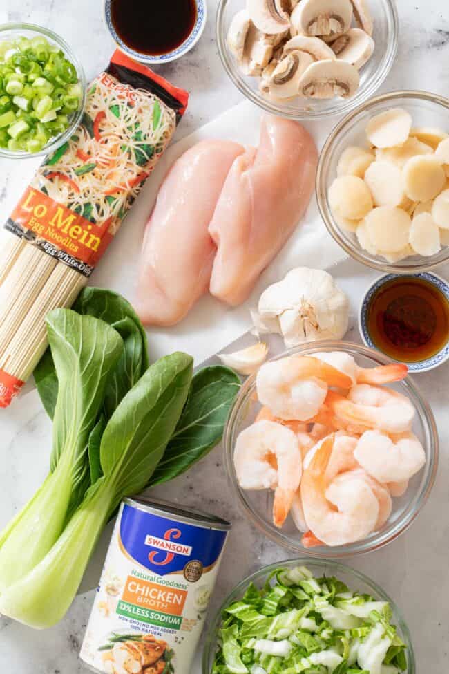 Several ingredients on a counter top such as frozen shrimp, raw chicken breasts, bok choy, water chestnuts, egg noodles and chicken broth - for a Chinese Noodle Soup Recipe.