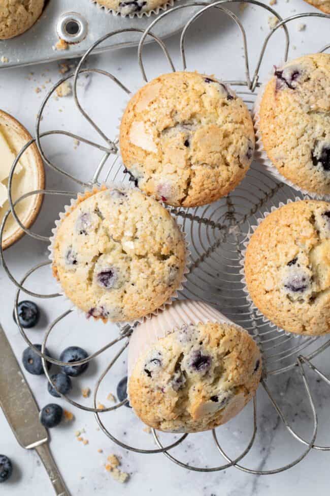 Baked blueberry muffins resting on a wire cooling rack.