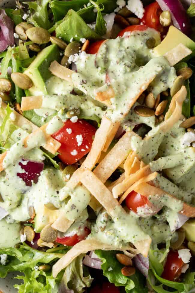 A close up of salad tossed with green dressing.