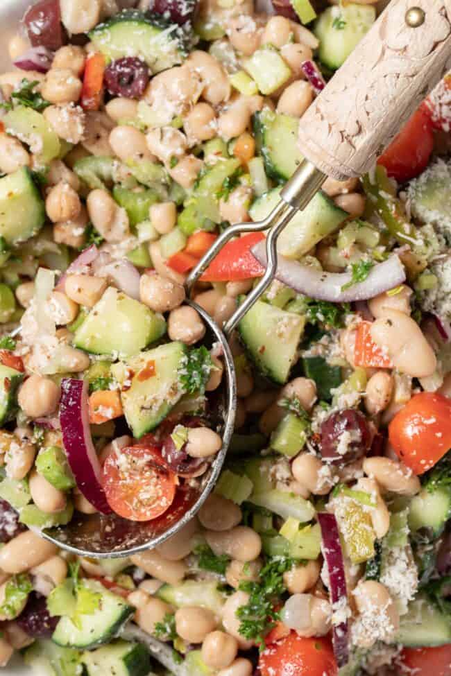 A close up photo of legumes with chopped vegetables and Parmesan cheese tossed in a red wine vinaigrette. A serving spoon rests in the bowl.