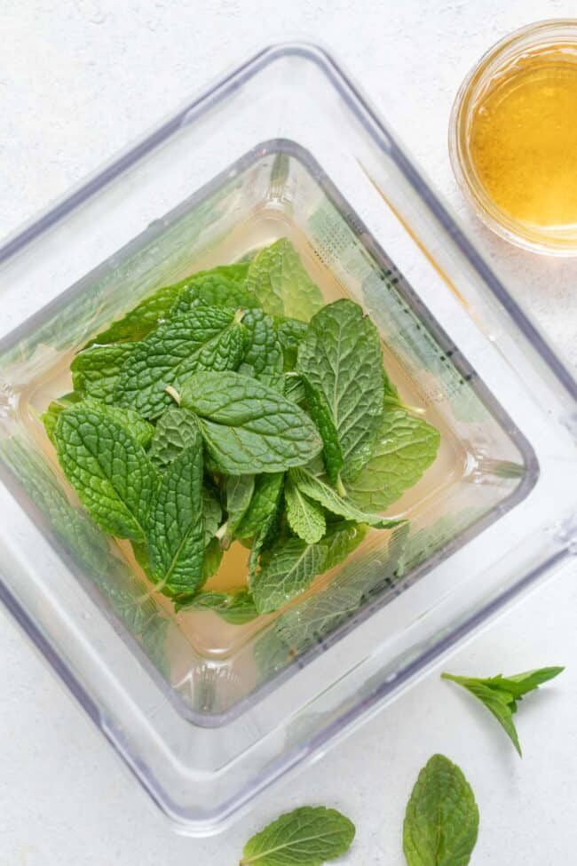 A clear plastic blender filled with fresh herbs.