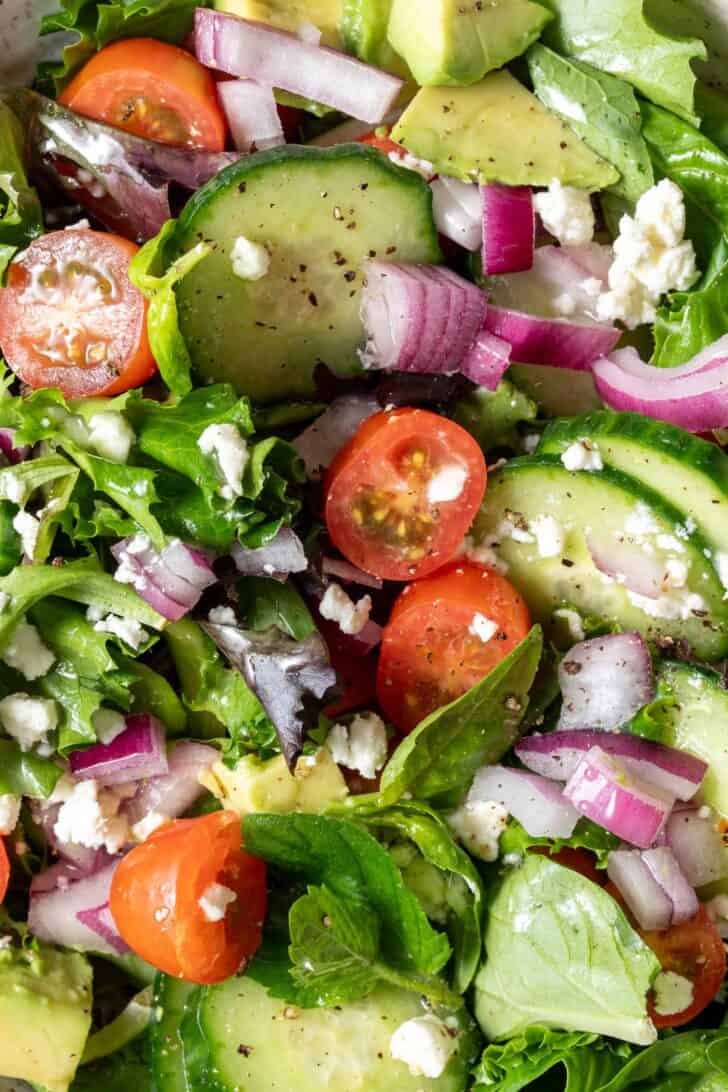 A close-up photo of lettuce tossed with cucumber, tomatoes and red onion.
