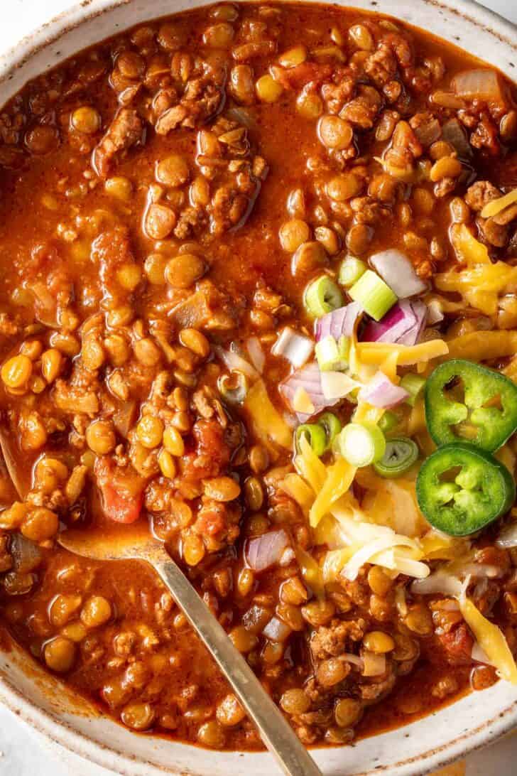 A bowl filled with lentil chili.