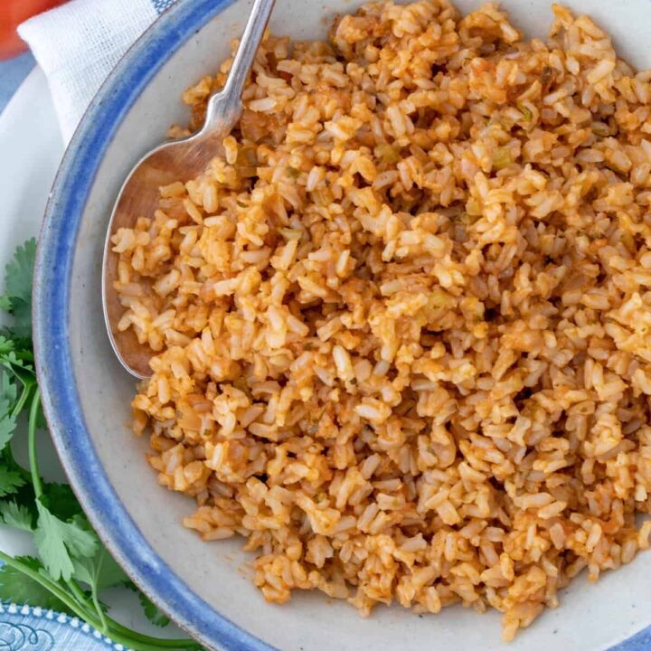 A white bowl of cooked Mexican brown rice.