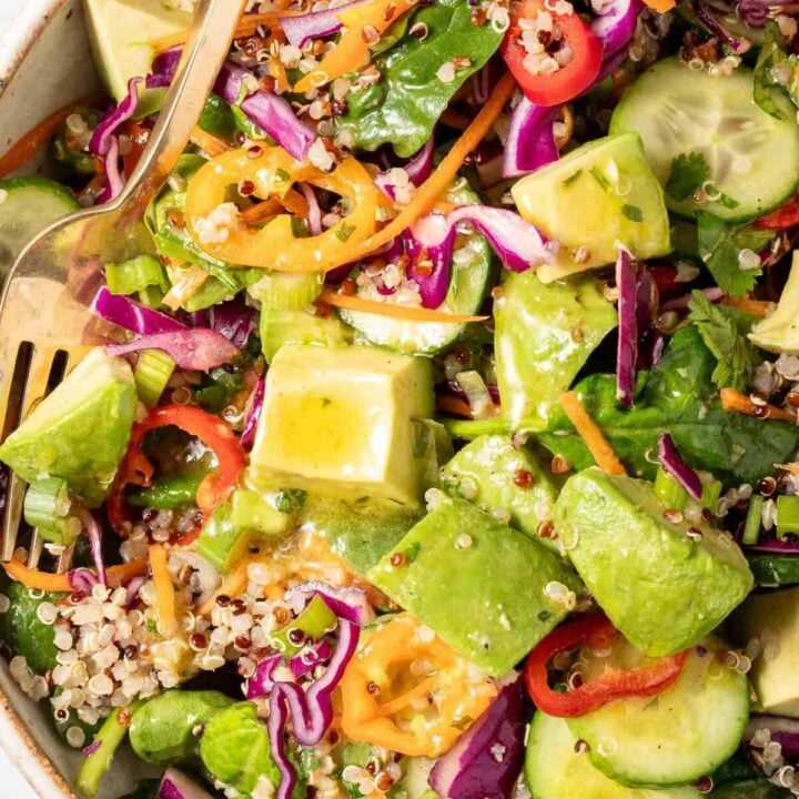 A bowl filled with Avocado Quinoa Salad.